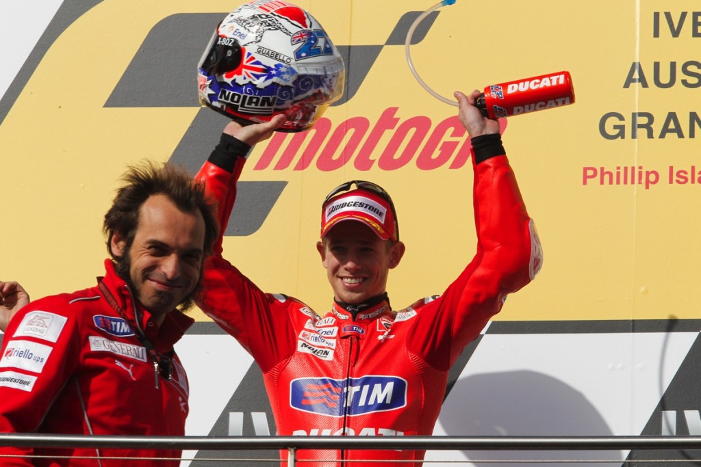 Stoner celebrating what would become Ducati's last MotoGP race victory at Phillip Island in 2010.