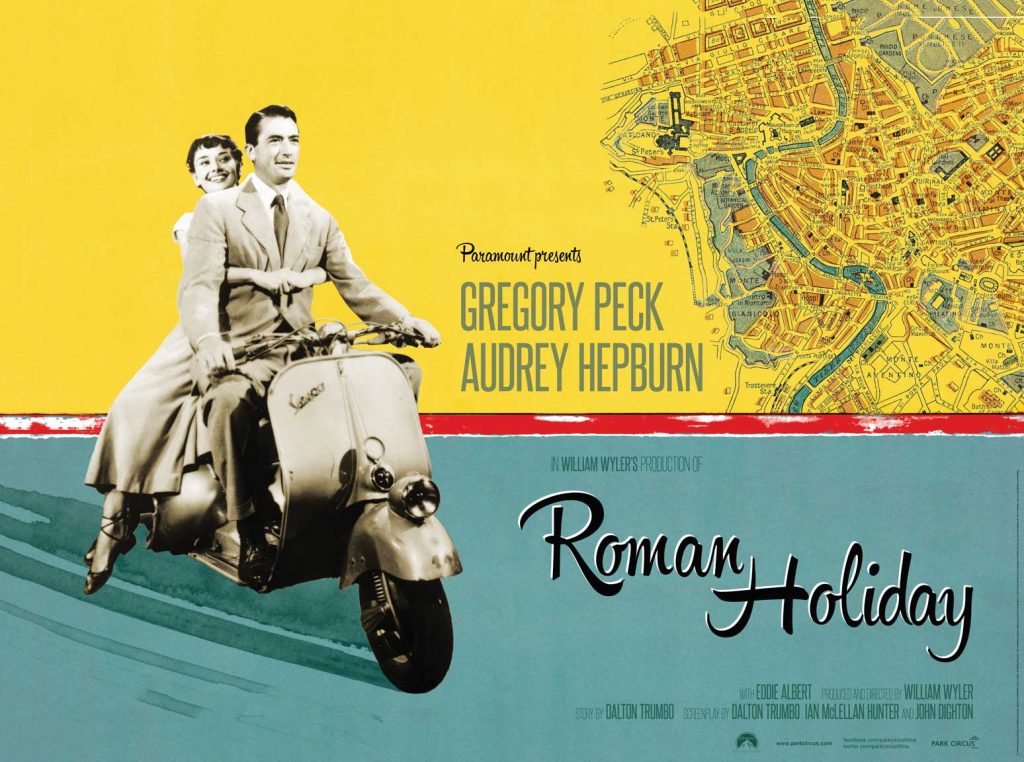 Gregory Peck & Audrey Hepburn on the Vespa 125 in the 1952 romantic comedy film “Roman Holiday”.