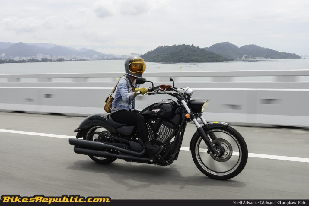 Mia astride the Victory Vegas 8-Ball cruiser during the Shell Advance #Advance2Langkawi roadtrip held earlier this year.