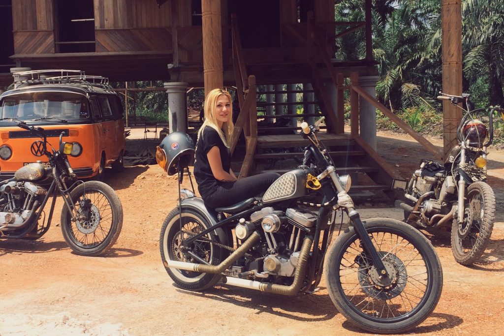 Mia with her beloved custom 1998 H-D Sportster Rigid (carburettor).